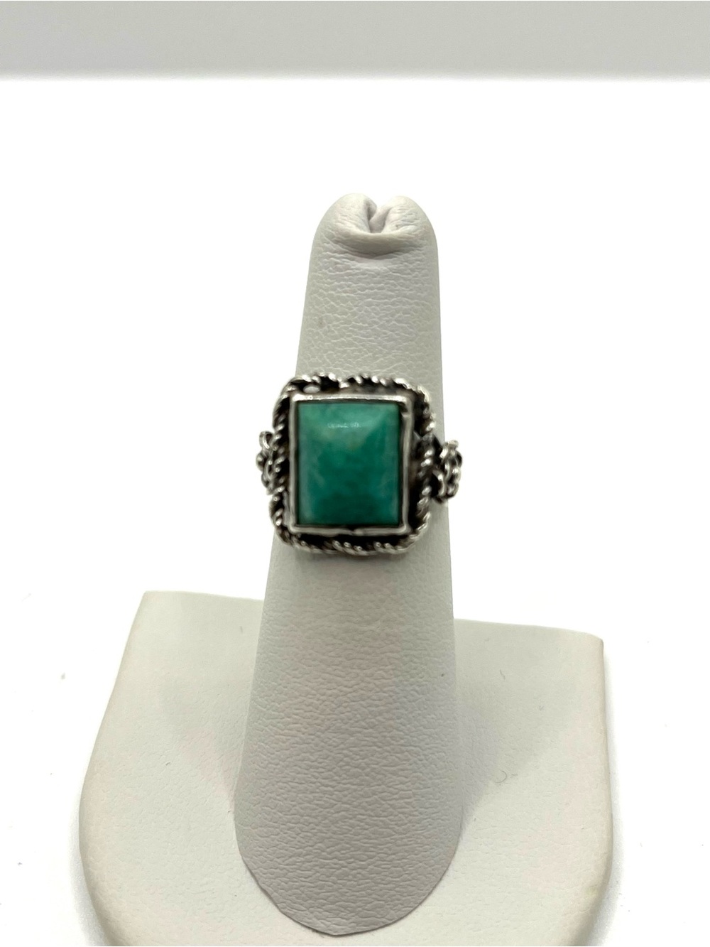 Vintage Amazonite Green Blue GemySquare Ring  Sterling Silver Rope Setting
